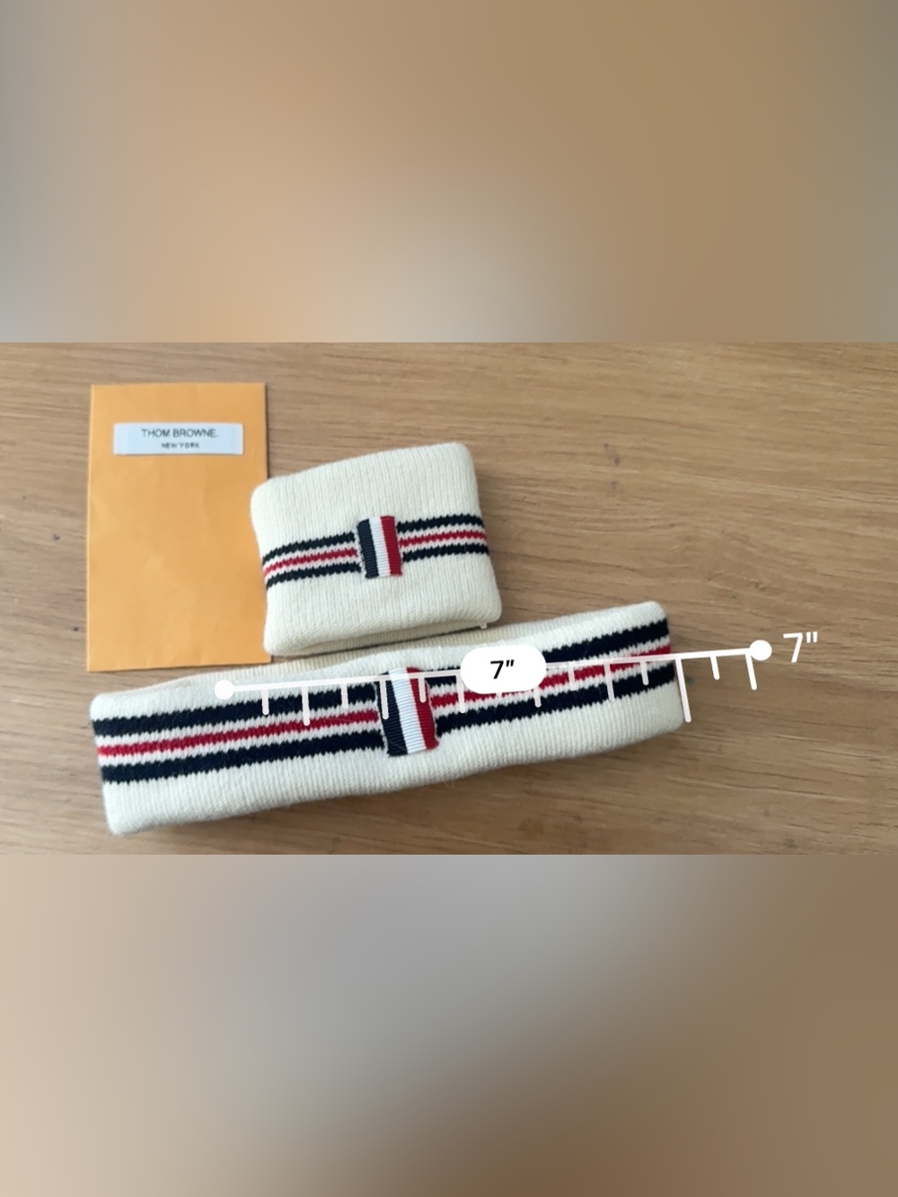 THOM BROWNE Cotton Headband & Wrist Cuff Set Ivory White Knit Stripe *READ - Picture 4 of 6